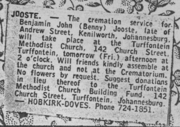 Ben Jooste 22. Funeral Notice